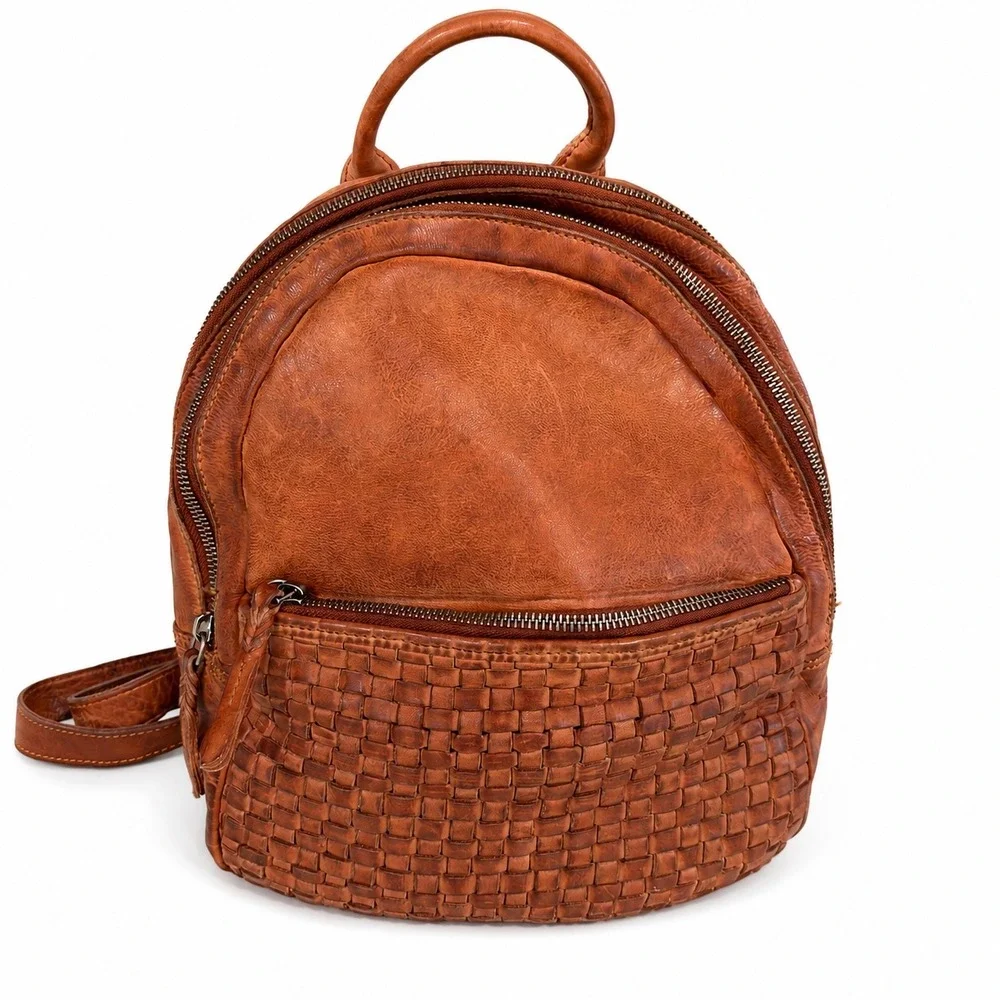 Vilenca Holland Tan Leather Woven Backpack Handbag Vintage Style Boho‎ Womens